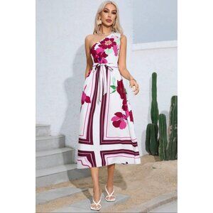 One Shoulder Large Floral Print Midi Dress SMALL NIB